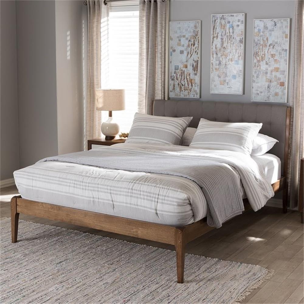 Clifford Mid-Century Light Grey Upholstered Queen Platform Bed with Walnut Wood Frame