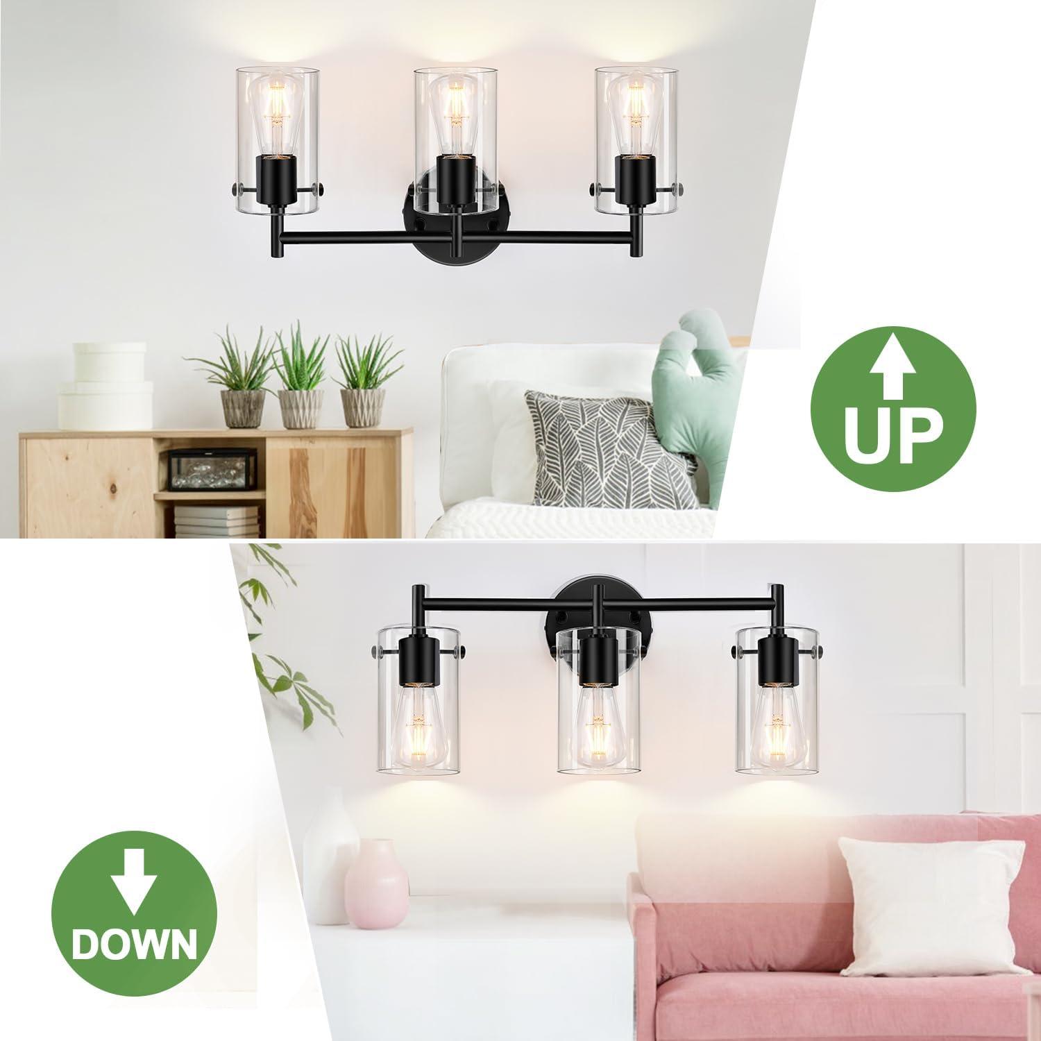 3-Light Bathroom Light Fixtures Bathroom Vanity Lights with Clear Glass Shades Matte Black Bathroom Light Fixtures over mirror for Mirror Living Room Cabinet Bedroom Porch