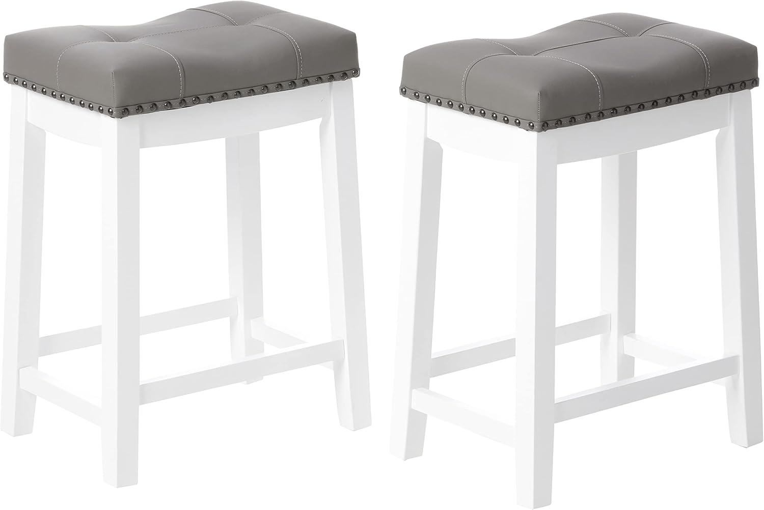 Cambridge 24" White Wood Saddle Stool with Gray Cushion, Set of 2