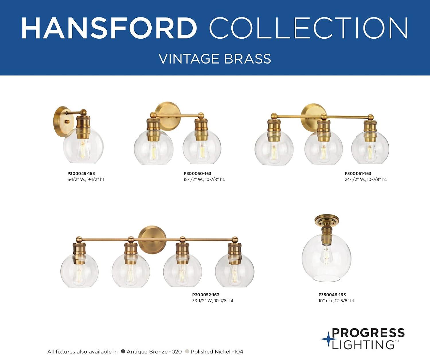 Progress Lighting Hansford 2-Light Bath Light Vintage Brass with Clear Globe Glass Shade