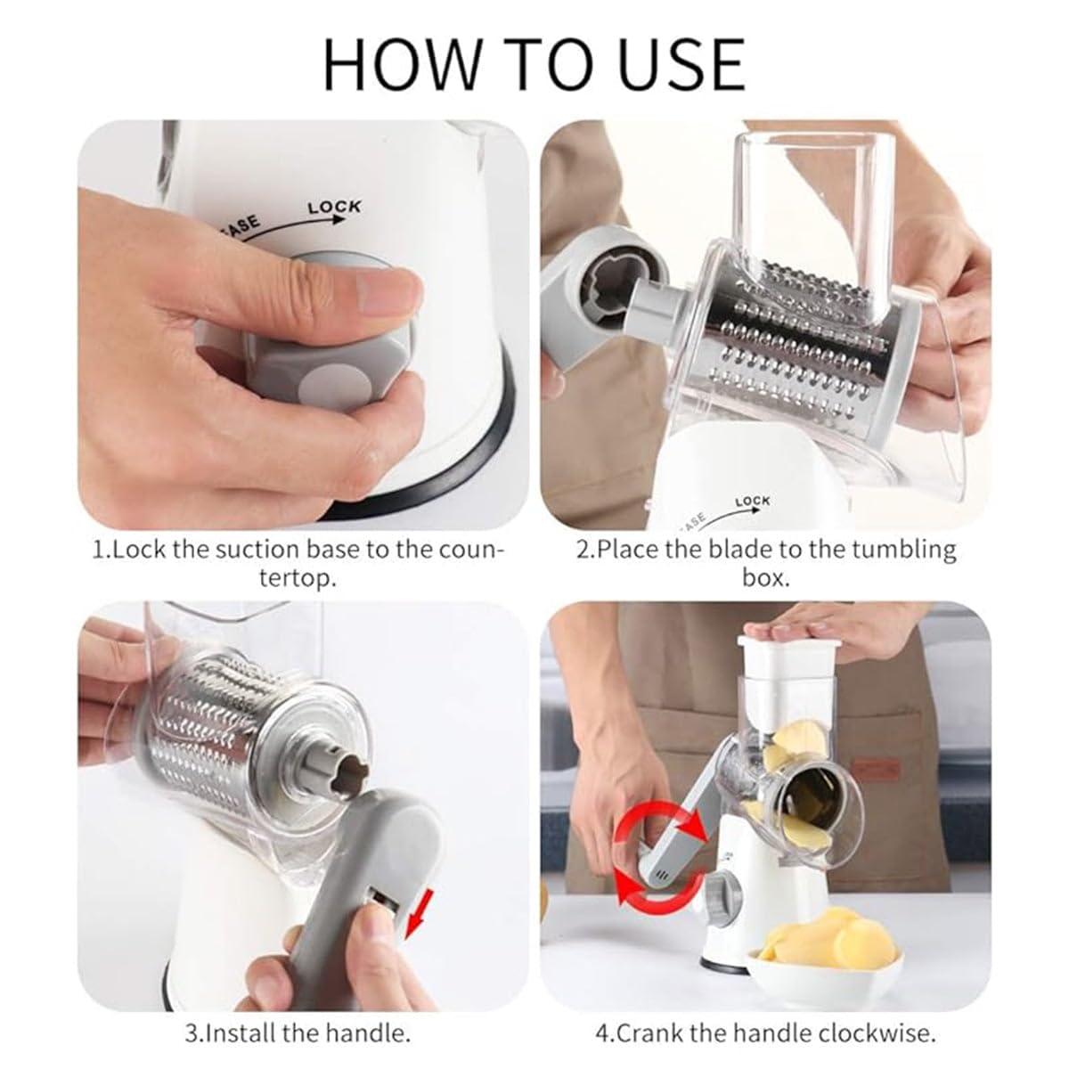 Rotary Cheese Grater Cheese Shredder - Kitchen Manual Cheese Grater with Handle Vegetable Slicer Nuts Grinder 3 Replaceable Drum Blades and Strong Suction Base Free Cleaning Brush