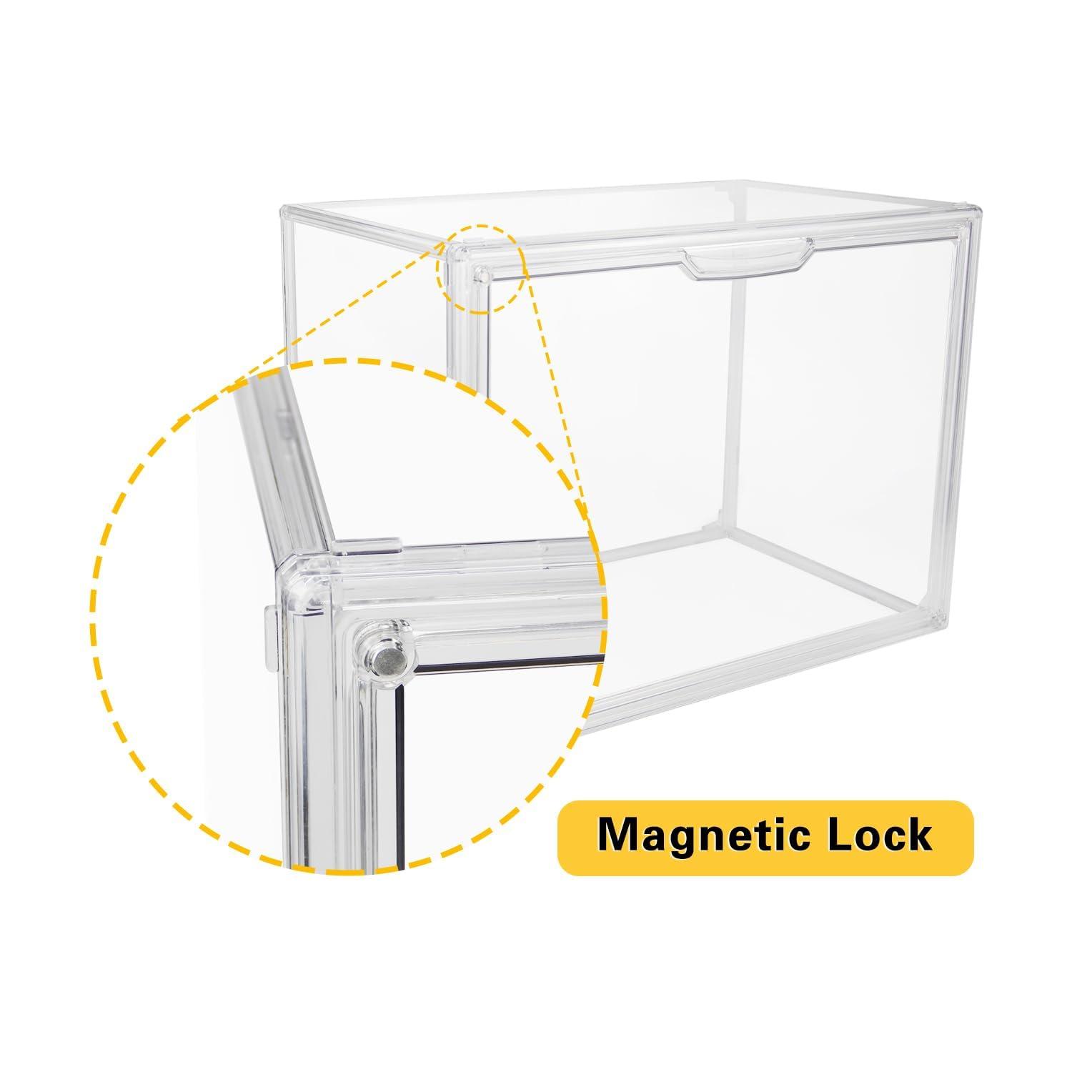 Clear Stackable Plastic Storage Bins with Magnetic Lid, Dustproof Book & Cosmetic Display Cases, Large Figures Collectibles Showcase, Shoe Box, Protection Organizer (Transparent, L-3 Pack)