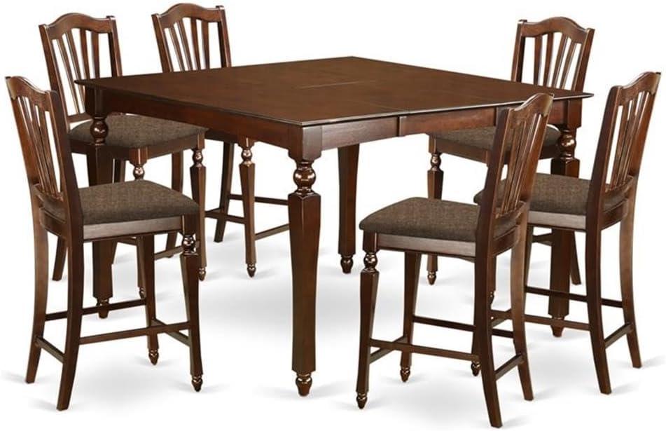 Mahogany 54" Square Pub Table with 6 Upholstered Chairs