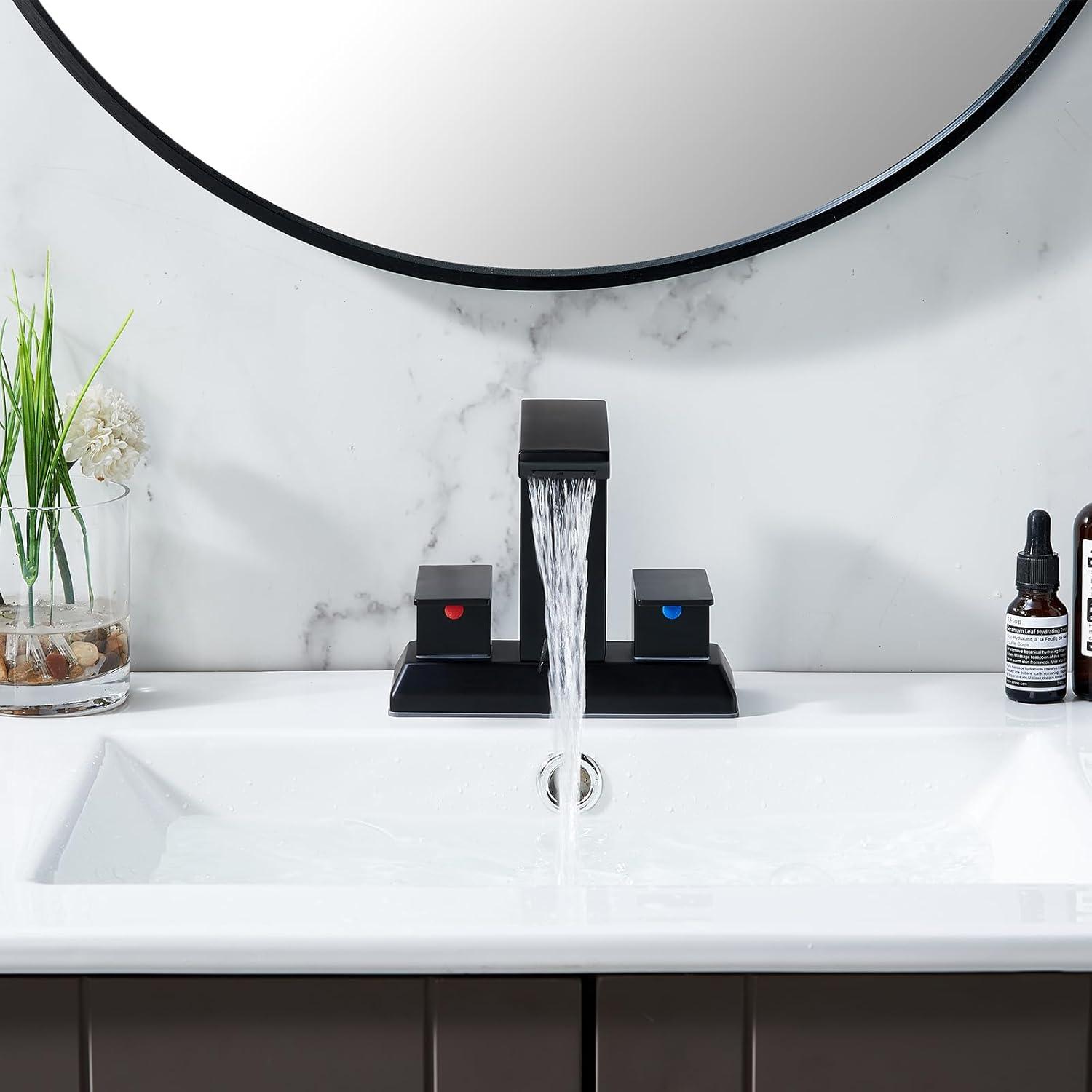 SHACO Black 4 Inch Centerset Bathroom Faucets 3 Hole or 2 Hole, Matte Black 2 Handle Waterfall Vanity Faucet, Lavatory Mixer Tap RV Sink Faucet with Overflow Pop Up Drain and Hose, SC-ZT907B-NEW1
