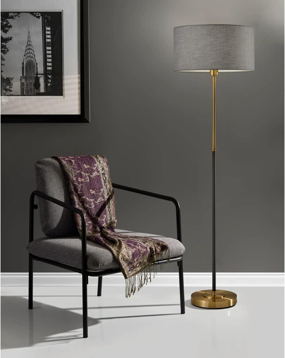 59" 3-way Bergen Floor Lamp Black - Adesso: Mid-Century, Antique Brass Mix, Gray Shade