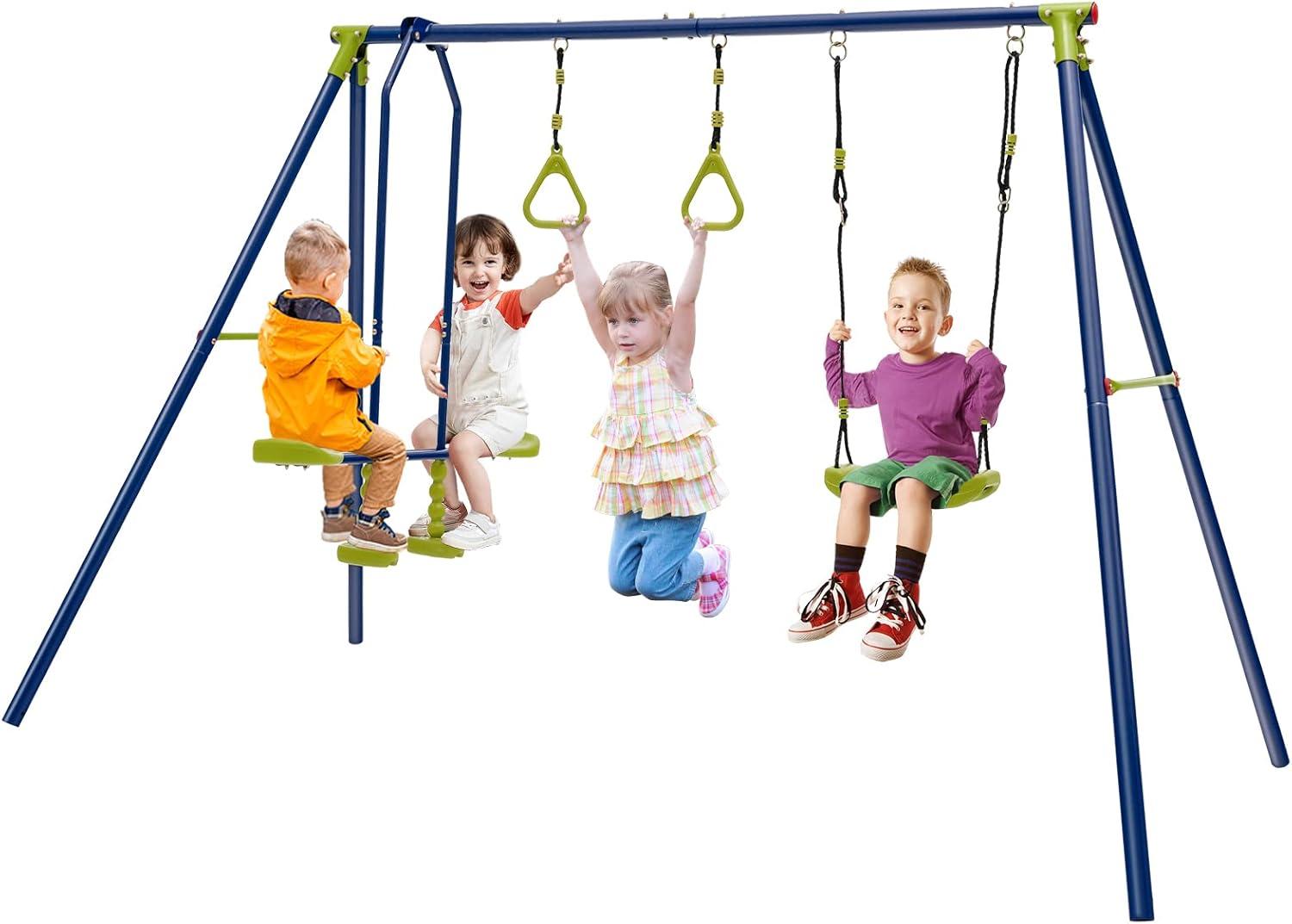 Heavy Duty 3-in-1 Metal Swing Set with Gym Rings