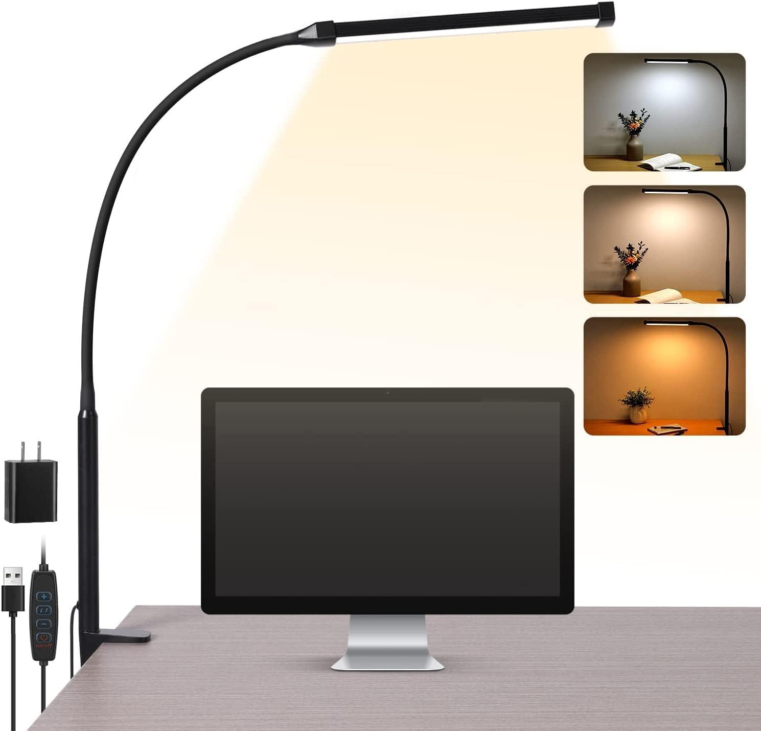 LED Desk lamp with Clamp, Eye-Caring Clip on Lights for Home Office, 3 Modes 10 Brightness, Long Flexible Gooseneck,Metal