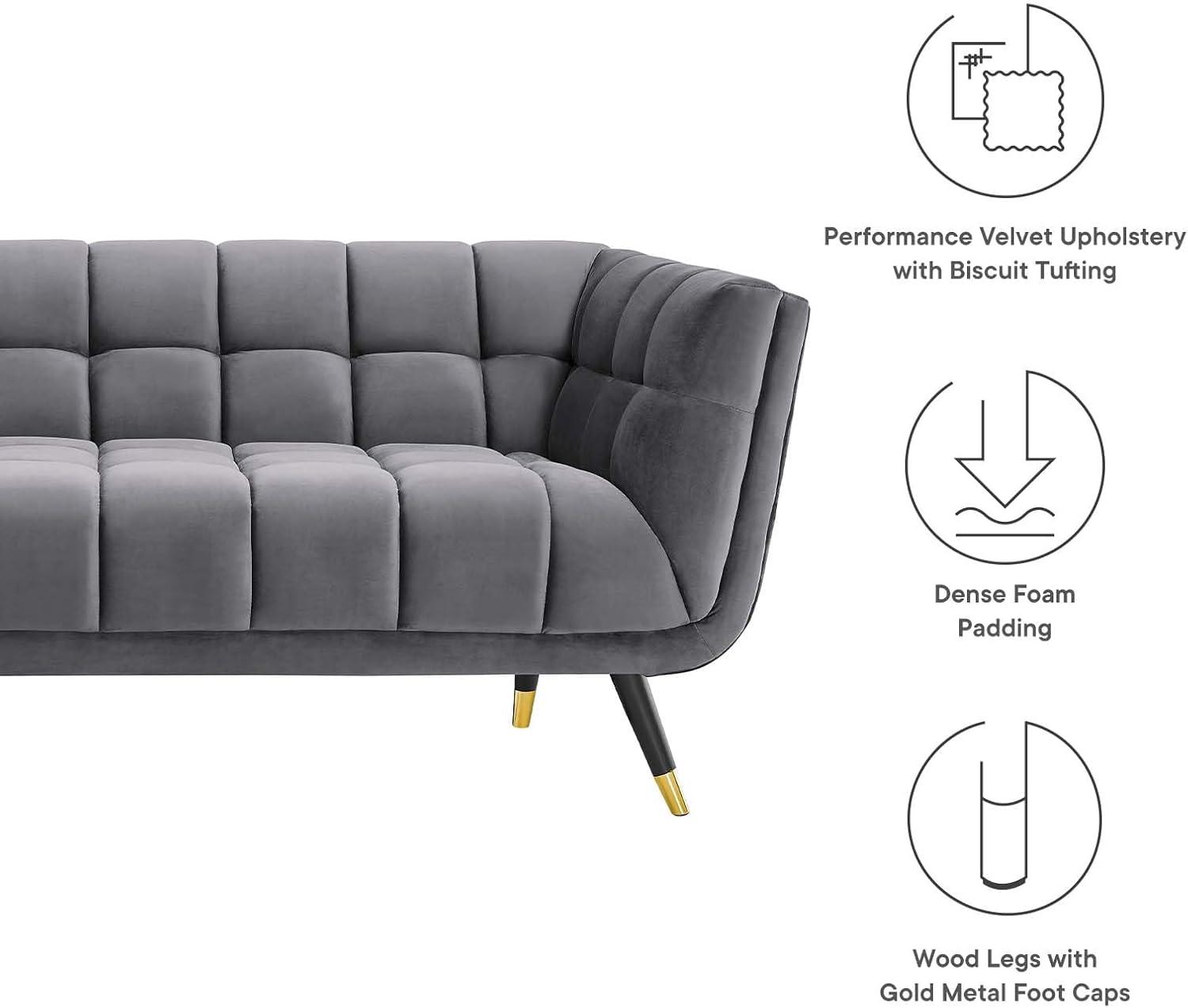 Modway Adept Performance Velvet Tufted Sofa in Gray and Black