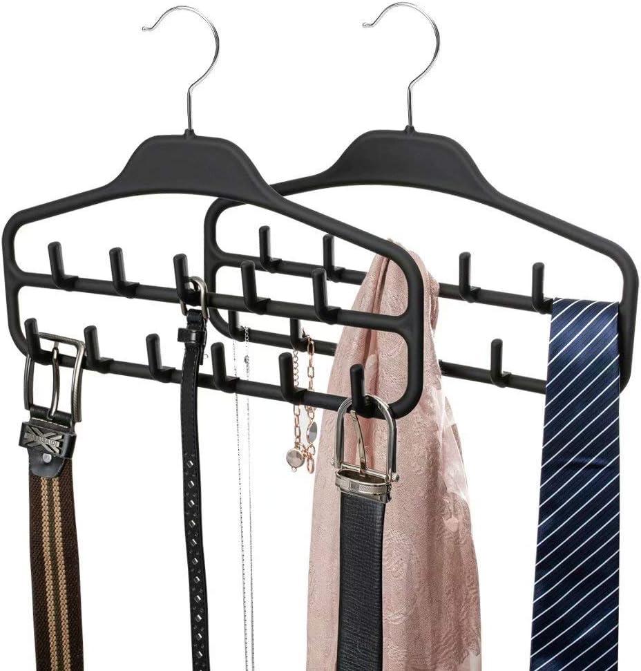 FairyHaus Belt Hanger Organizer 2 Pack, Non Slip Tie Rack Holder, Durable Hanging Closet Accessory Hooks for Belts, Ties, Jewelry, Scarves, Black