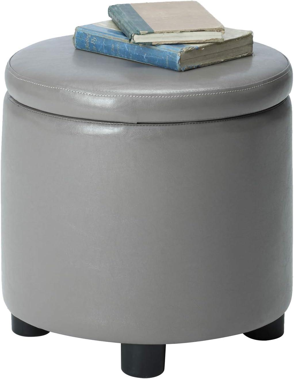 Designs4Comfort Round Accent Storage Ottoman with Reversible Tray Lid, Taupe Gray Faux Leather