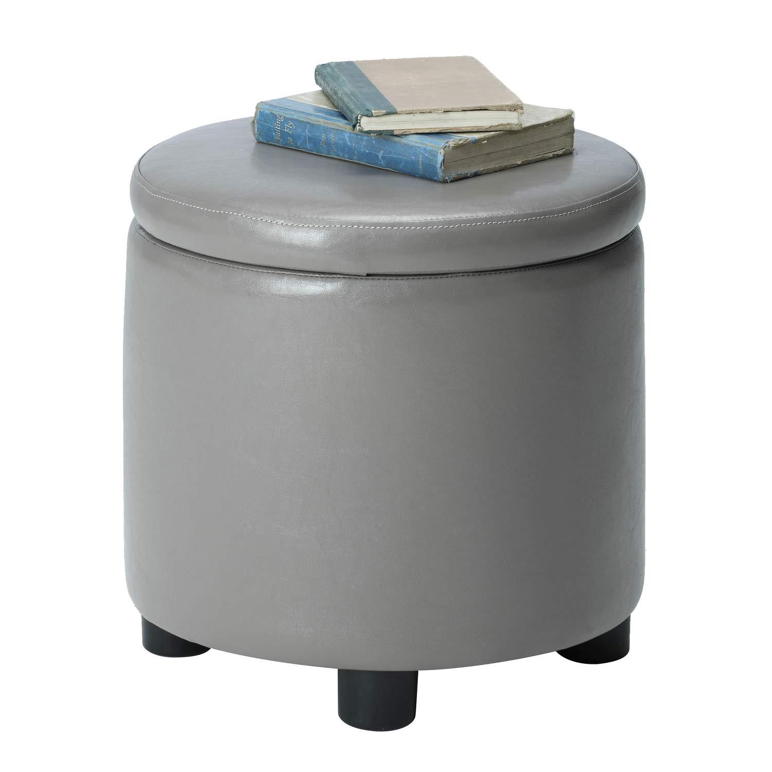 Designs4Comfort Round Accent Storage Ottoman with Reversible Tray Lid, Taupe Gray Faux Leather