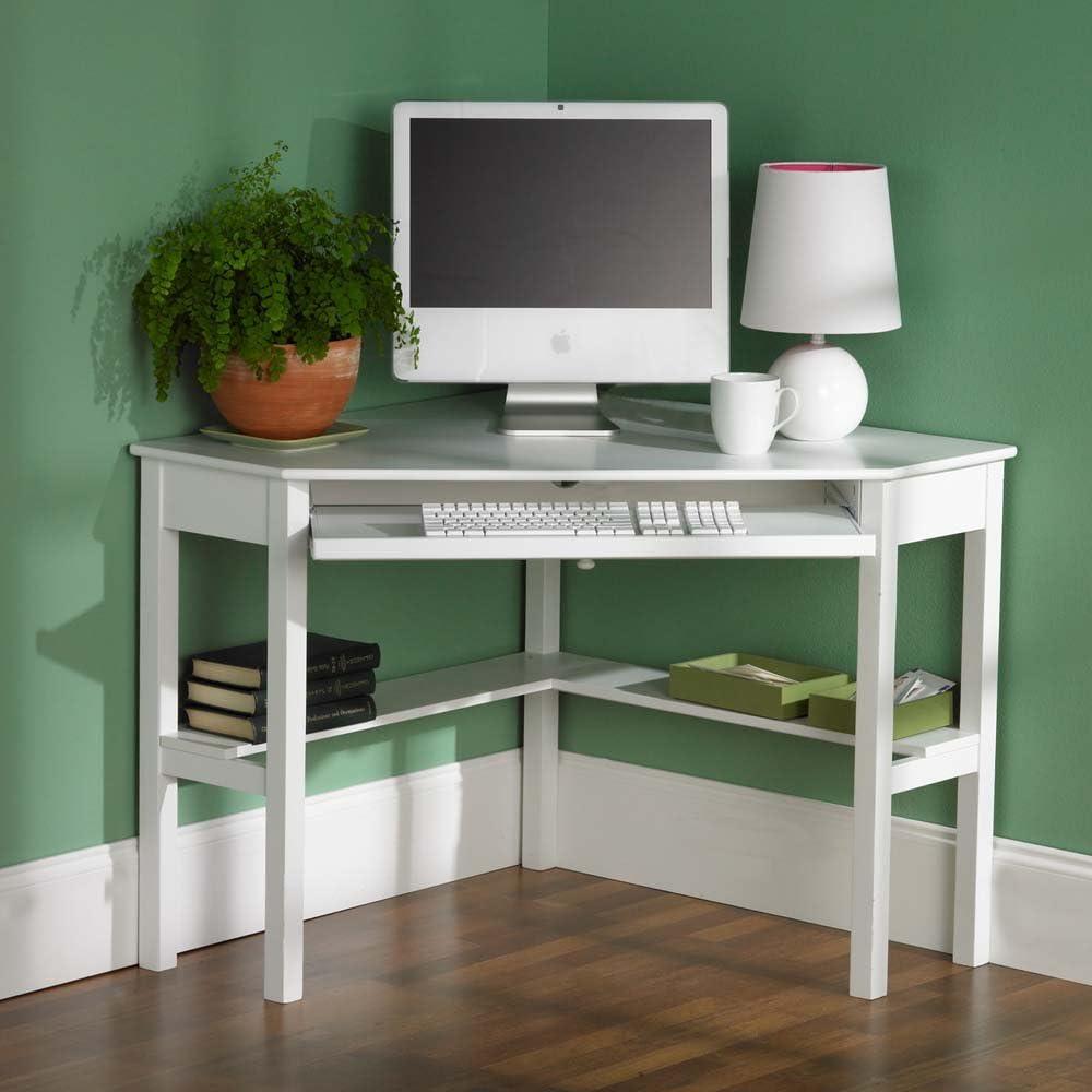 White Wood Transitional Corner Computer Desk with Drawer and Keyboard Tray