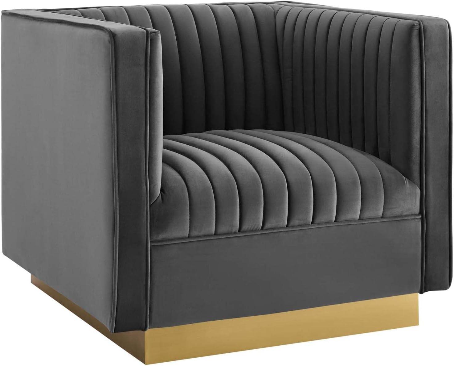 Gray Velvet Channel Tufted Armchair Set with Gold Metal Base