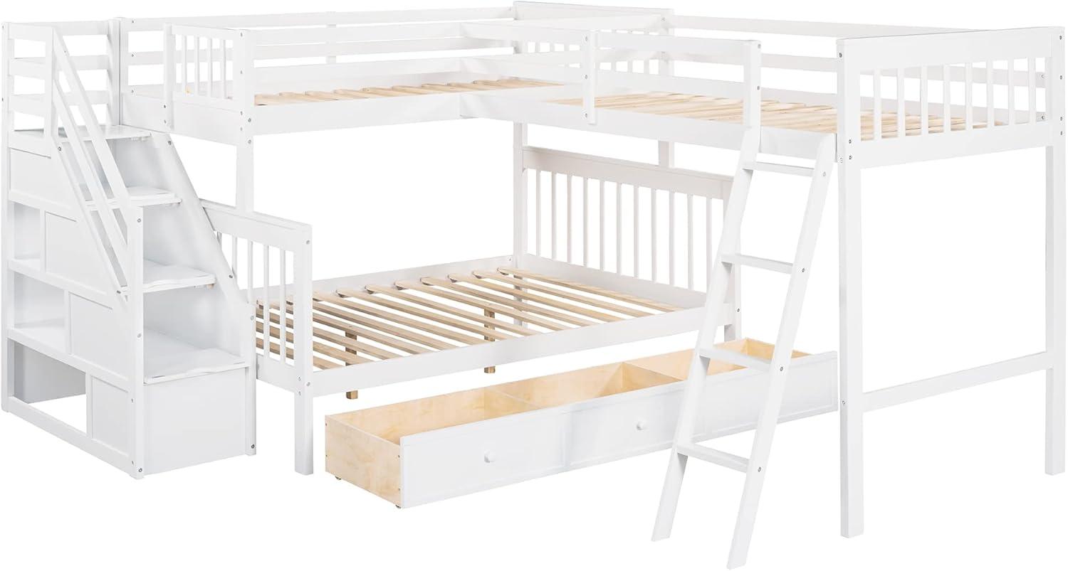 L Shaped Bunk Bed for 3, Triple Bunk Bed with 3 Drawers and Storage Stairs, Twin Over Full Bunk Bed & Twin Size Loft Bed, Wood Corner Beds for Kids, Teens, Adults. No Box Spring Needed(White)