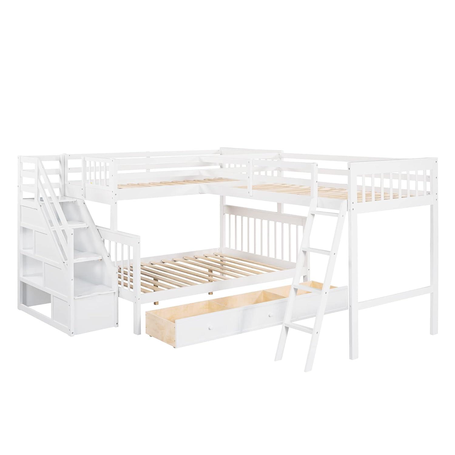 L Shaped Bunk Bed for 3, Triple Bunk Bed with 3 Drawers and Storage Stairs, Twin Over Full Bunk Bed & Twin Size Loft Bed, Wood Corner Beds for Kids, Teens, Adults. No Box Spring Needed(White)