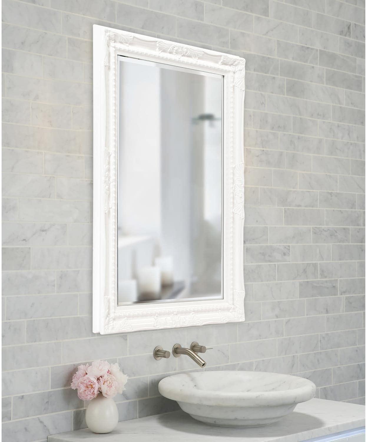Elegant Glossy White Rectangular Wood Wall Mirror with Beaded Accents