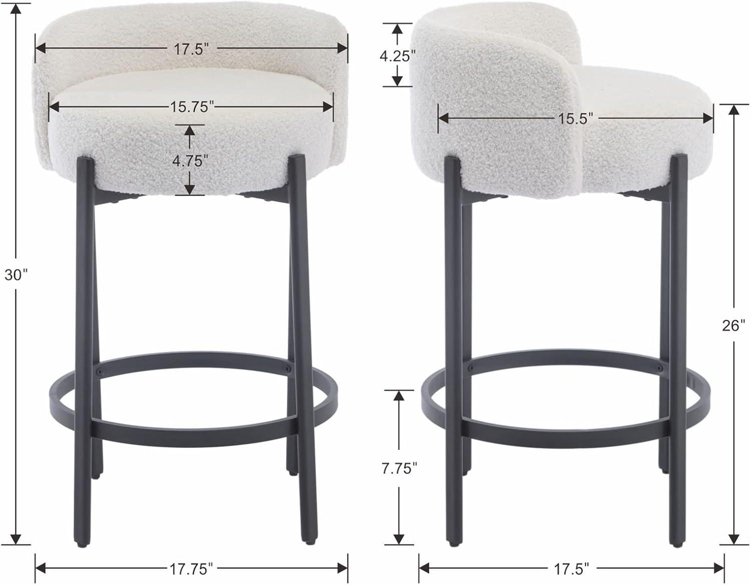 Modern Bar stools Set of 2, 26 Inch Sherpa Fabric Counter Height Barstools with Low Back, Upholstered Round Shape Kitchen Island Stools with Black Metal Legs for Dining Room Bar, White