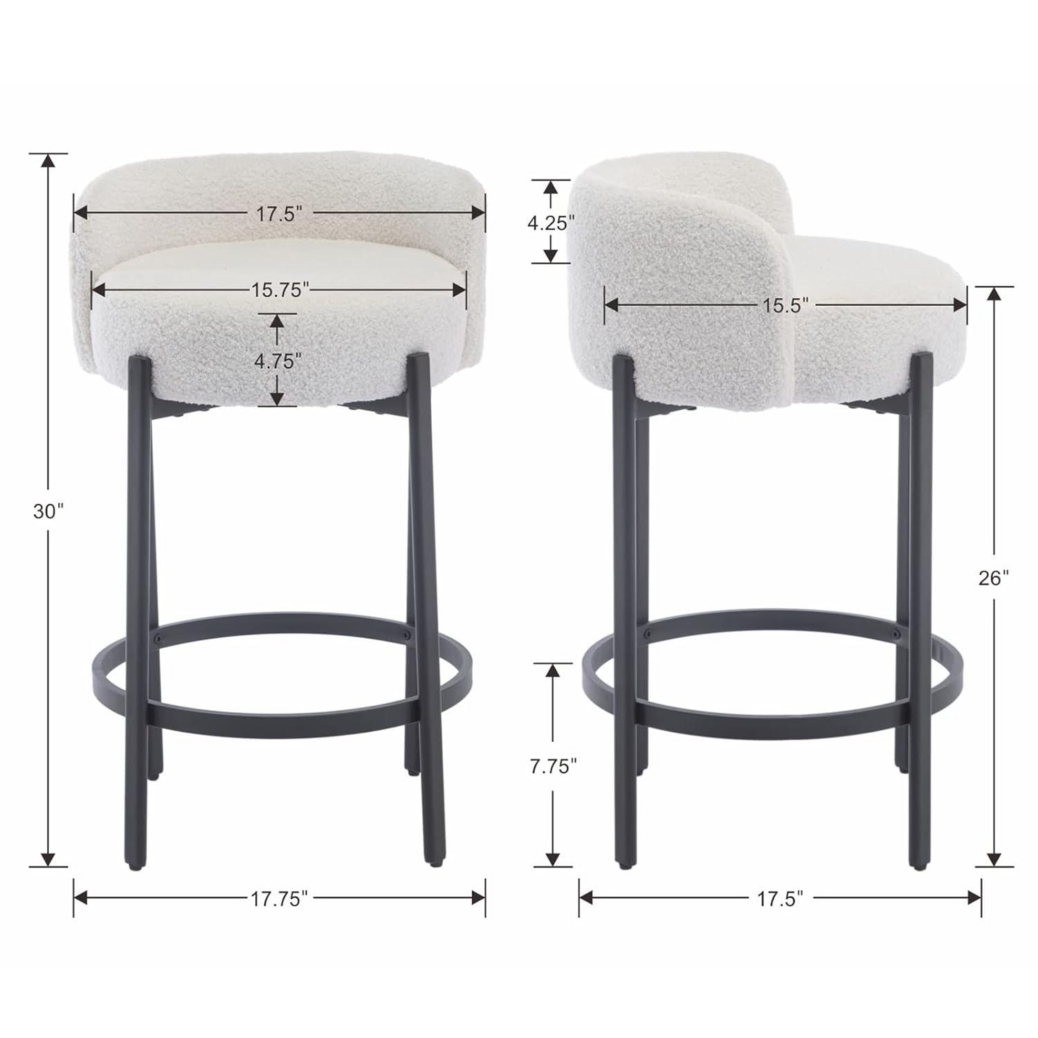 Modern Counter Height Bar Stools Set of 2, 26 Inch Faux Sherpa Upholstered Bar Stools with Back, 18" Seat Wide Island Stools with Black Metal Frame for Kitchen Counter/Breakfast Bar/Restaurant, White