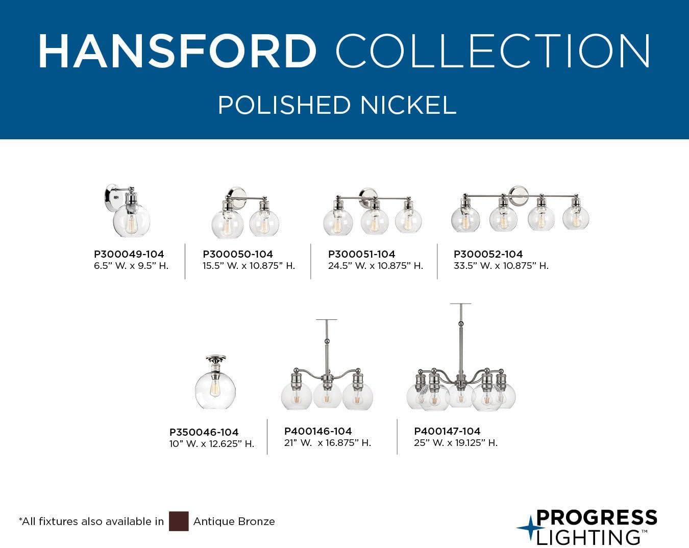 Progress Lighting Hansford 2-Light Bath Vanity Fixture, Polished Nickel, Clear Glass Shade