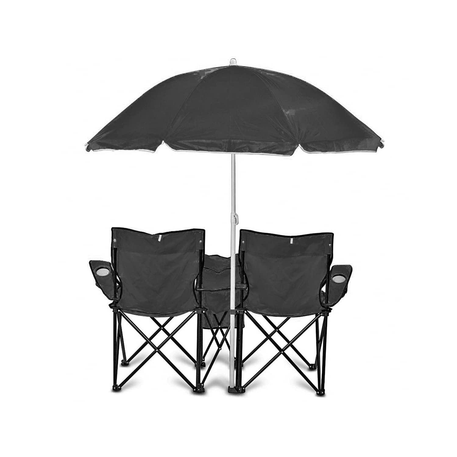 GoTeam Portable Double Folding Chair w/Removable Umbrella, Cooler Bag and Carry Case - Black