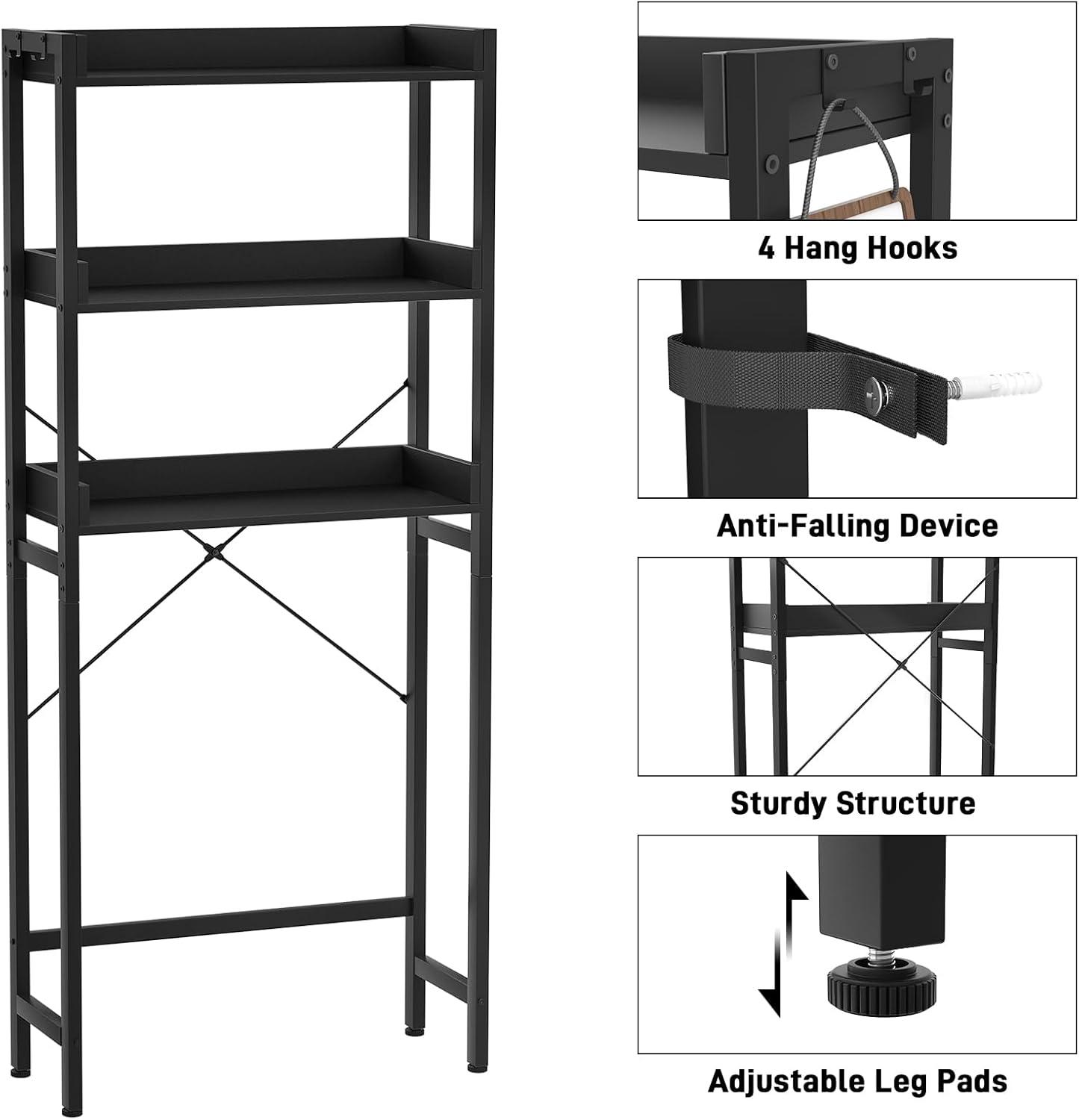 3-Tier Over The Toilet Storage, Space Saver Metal Bathroom Shelves, Freestanding above Over Toilet Storage Shelf with 4 Hooks for Bathroom, Black