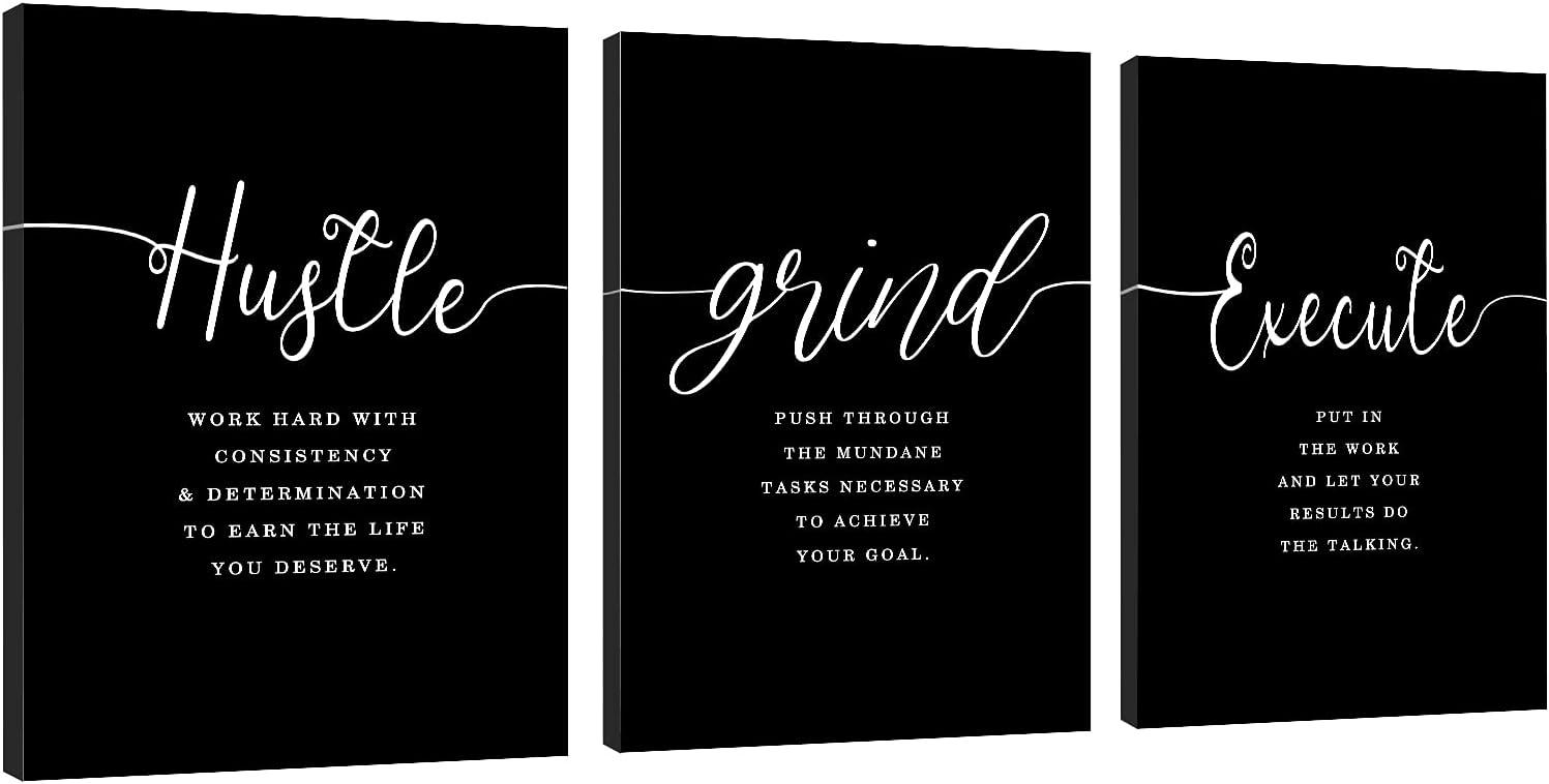 Office Decor - Hustle Quotes Execute Prints, Framed Canvas Wall Art Grind Quote, Office Wall Art, Black Large Poster, Positive MotivationalPrints, Inspirational Print (F-3pcs,12x16inchx3pcs)