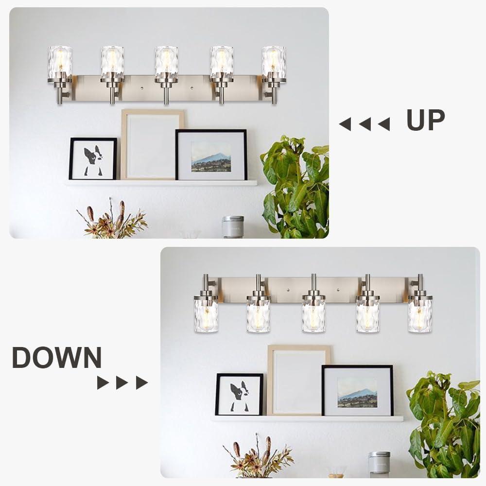 BONLICHT Transitional Vanity Lighting Fixtures Brushed Nickel with Clear Hammered Glass Shade,Farmhouse 5 Light Bathroom Lights Wall Sconces Contemporary Indoor Wall Mount Lights for Kitchen Sink