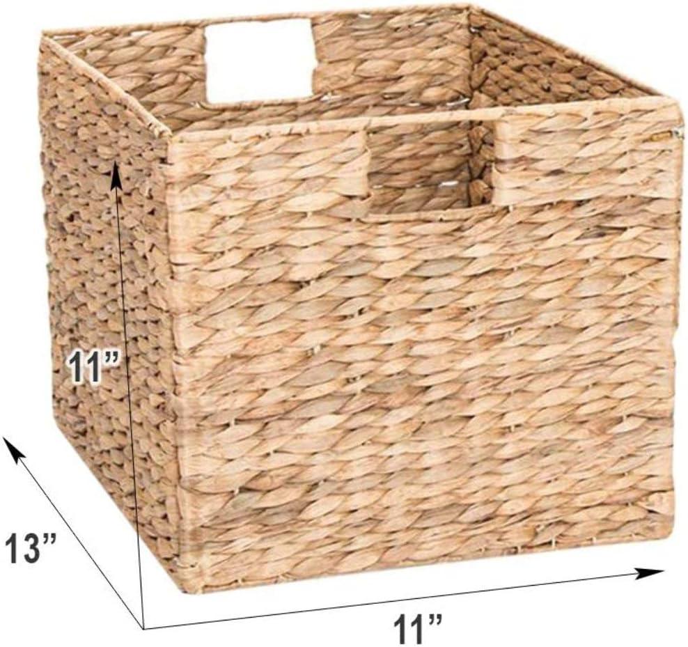 WIixle 3 Decorative Hand-Woven Small Water Hyacinth Wicker Storage Basket, 13x11x11 Perfect for Shelving Units