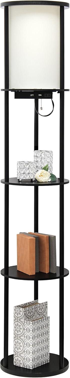 Elegant 62.5" Black Etagere Floor Lamp with USB Ports and Linen Shade