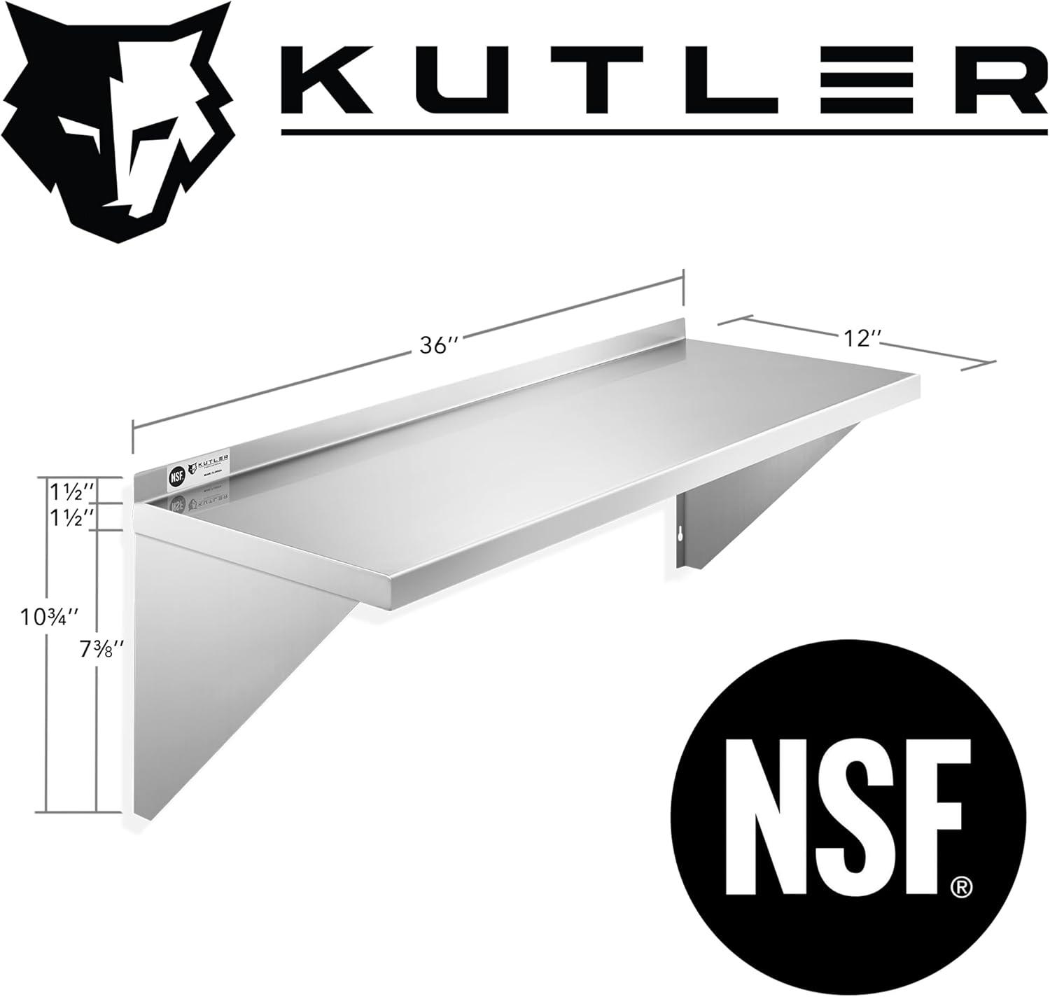 KUTLER Stainless Steel Shelf, NSF Commercial Wall Mount Shelves w/ Backsplash, Floating Metal Mounted Shelving for Restaurant, Kitchen, Home