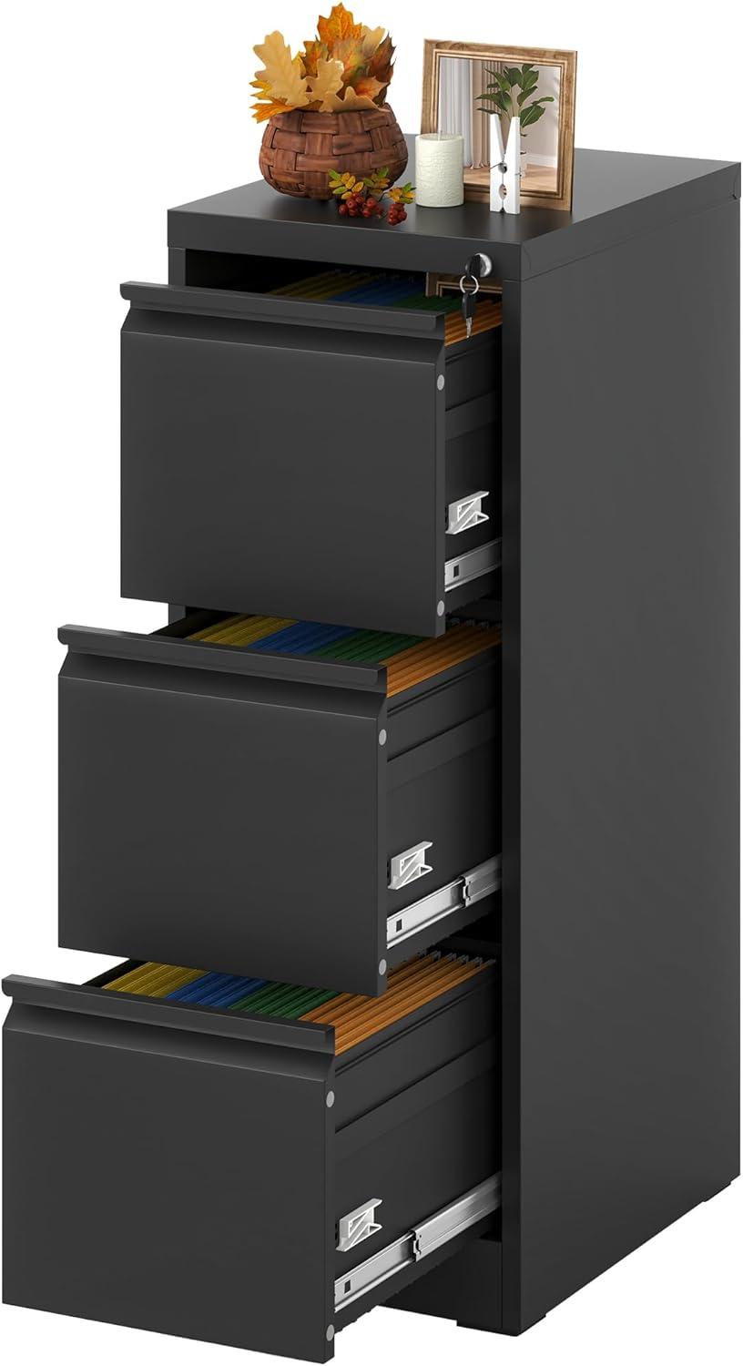 3 Drawer File Cabinet with Lock Metal Vertical File Cabinet Office Home Narrow File Cabinet for A4 Legal/Letter Size,Assembly Required (Black, 3 Drawers-Vertical)