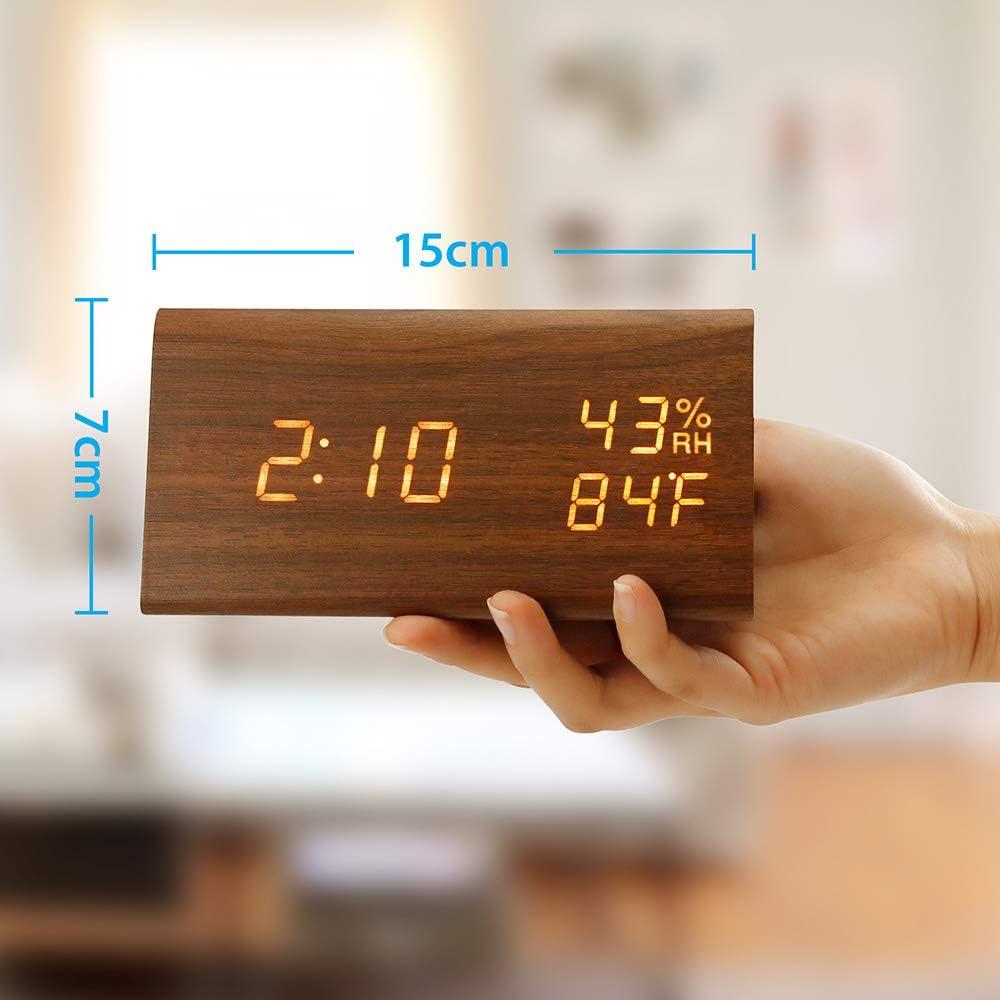 Digital Alarm Clock, with Wooden Electronic LED Time Display, Alarm Settings, Humidity & Temperature Detect, Wood Made Electric Clocks for Bedroom, Bedside,brown，G169865