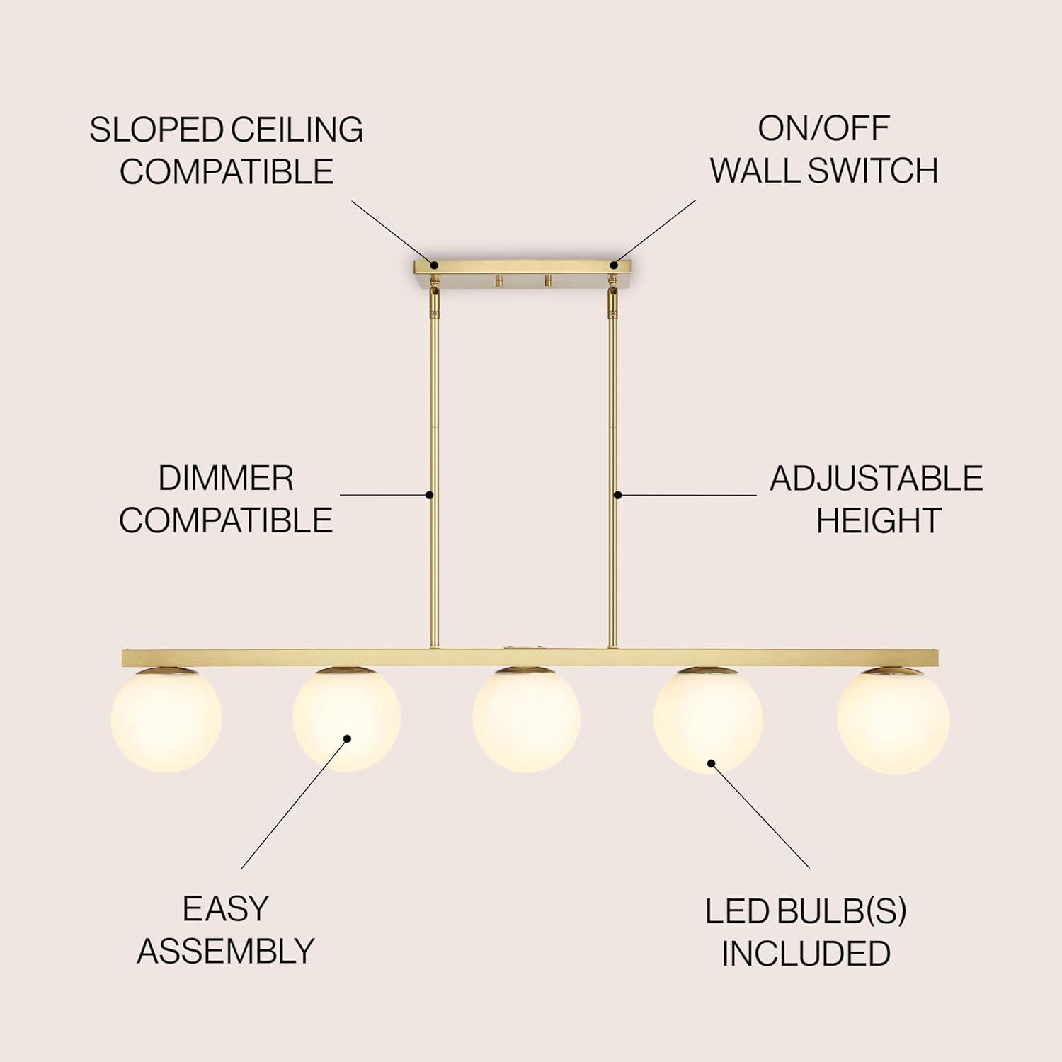 JONATHAN Y Luca Parisian 45.5" 5-Light Modern Glam Iron Globe Linear LED Pendant, Brass Gold/White