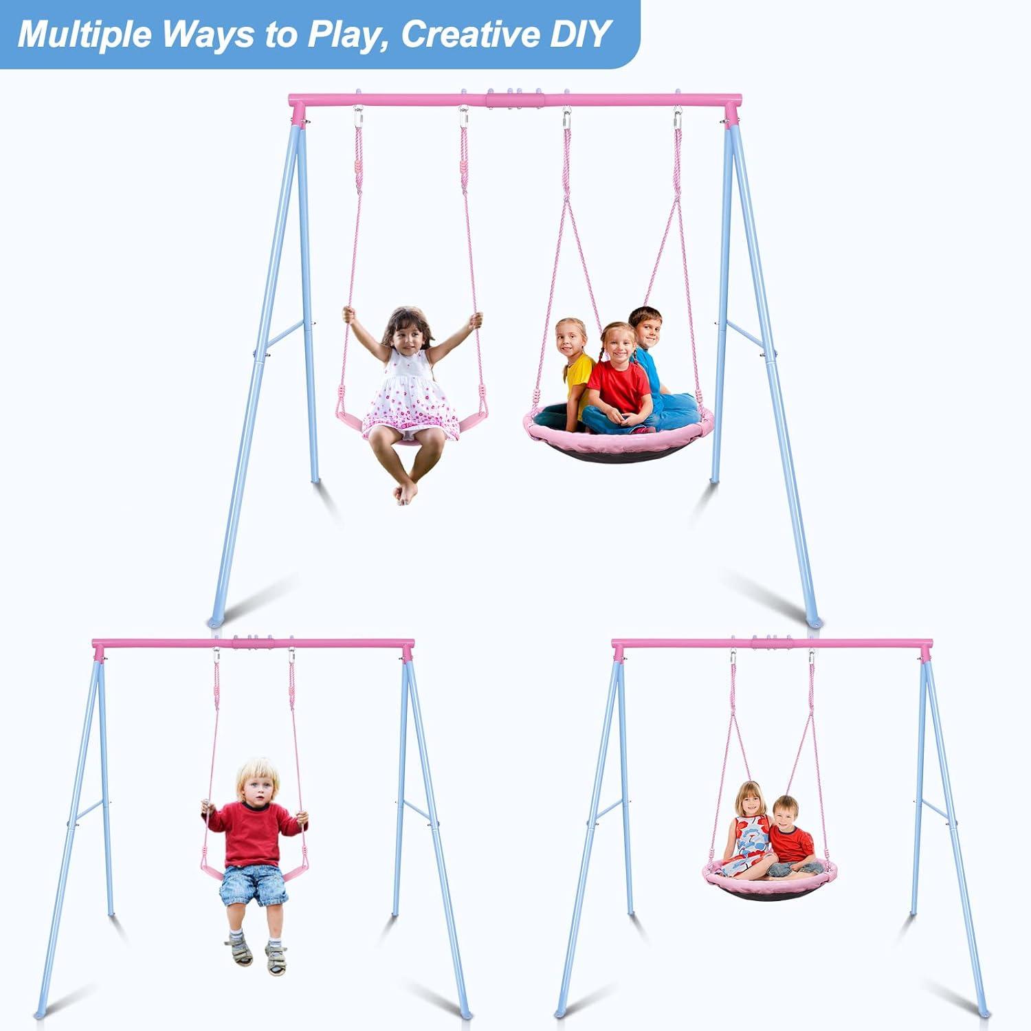 Outdoor Swings for Kids, 440lbs, Heavy-Duty A-Frame Metal Outdoor Swing Stand, 1 Saucer & 1 Belt Swing Seat for Playground, Backyard Blue