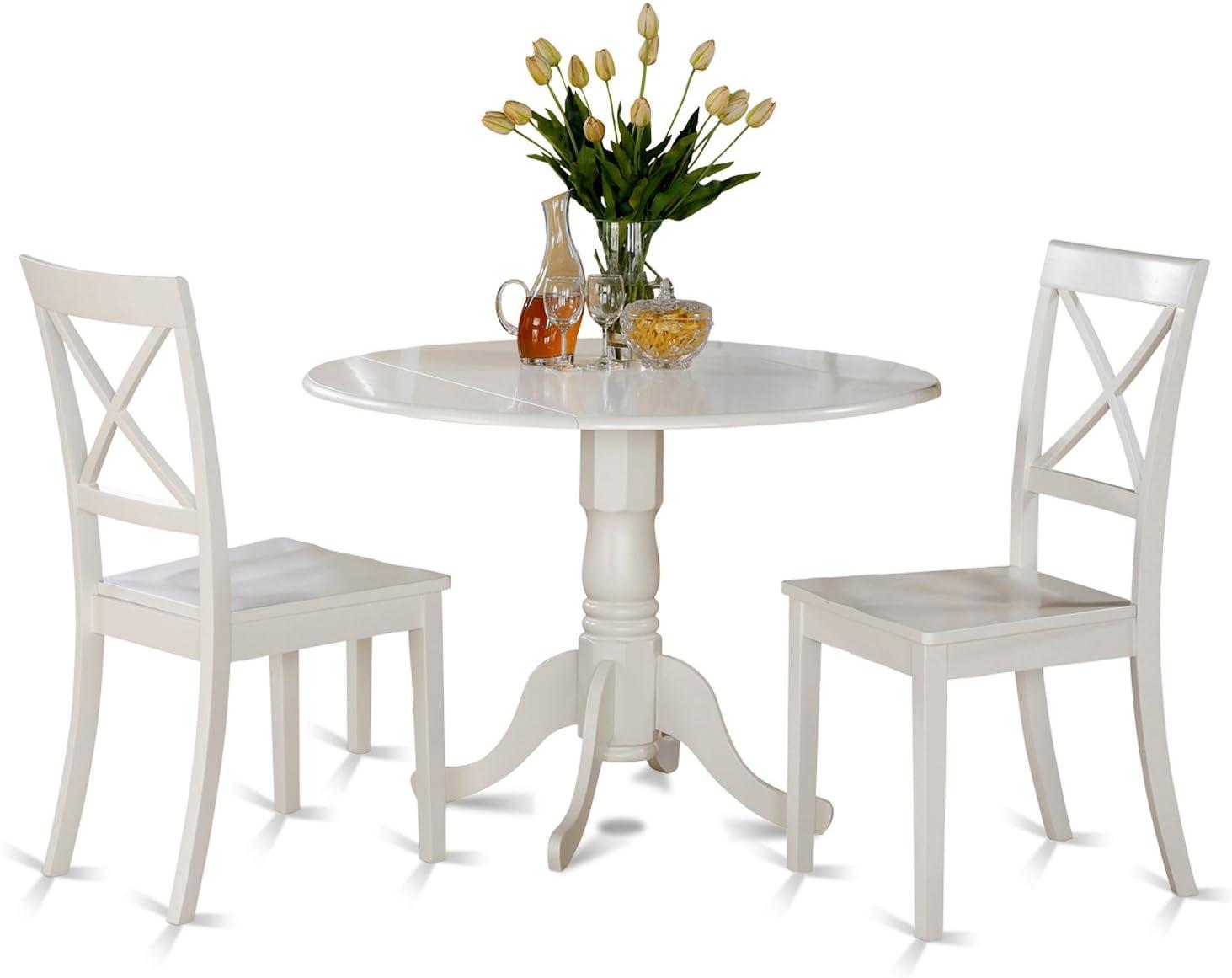 Linen White Round Wood Drop Leaf Table with 2 Chairs