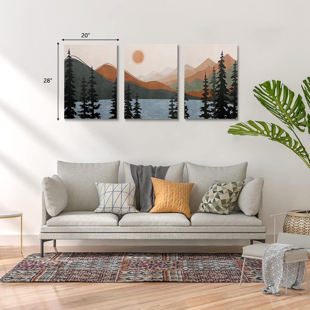 Boho Wall Art, Mid Century Modern Wall Art, Set of 3 Framed Canvas Wall Art Prints 12"x16" Abstract Geometric Neutral Sage Green Boho Artwork Wall Decor for Bedroom Living Room Bathroom