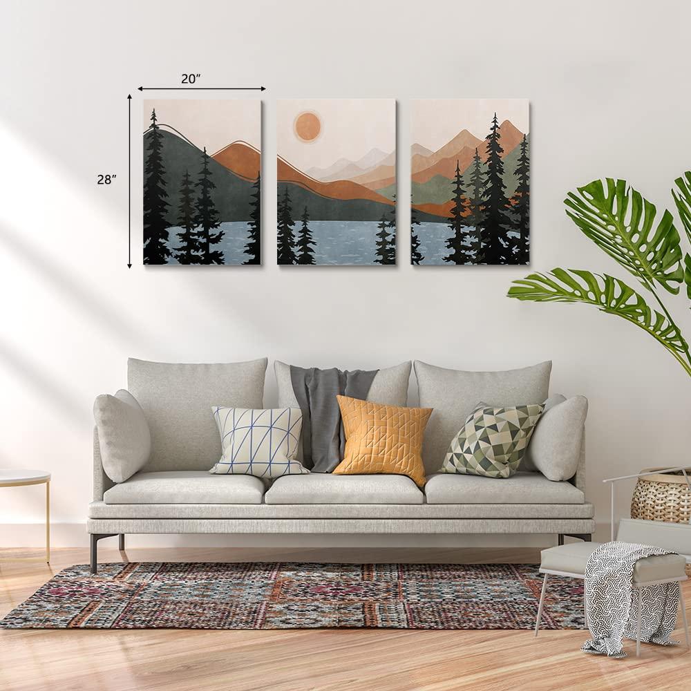 Boho Wall Art, Mid Century Modern Wall Art, Set of 3 Framed Canvas Wall Art Prints 12"x16" Abstract Geometric Neutral Sage Green Boho Artwork Wall Decor for Bedroom Living Room Bathroom