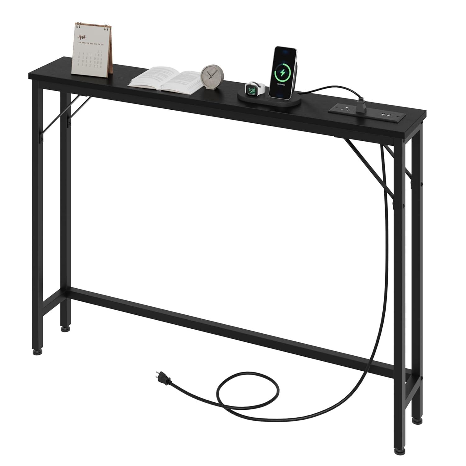 Garvee 5.9" Narrow Sofa Table with Outlets, Skinny Console Table with Storage, Slim Behind Couch Table for Living Room, Hallway, Foyer, Black