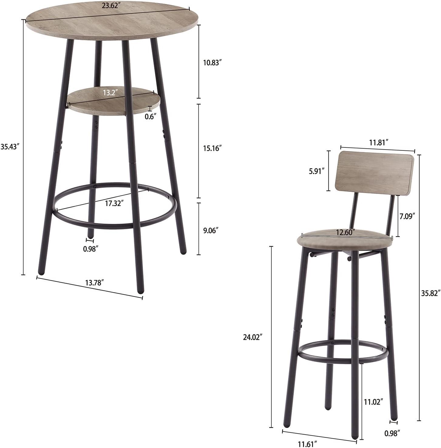 Modern Bar Table Set, SYNGAR Kitchen Table and Chairs for 2, 3 Piece Counter Height Dining Set with 2 Cushioned Stools, Round Long Bistro Pub Table Set, Breakfast Dining Table Set, Gray