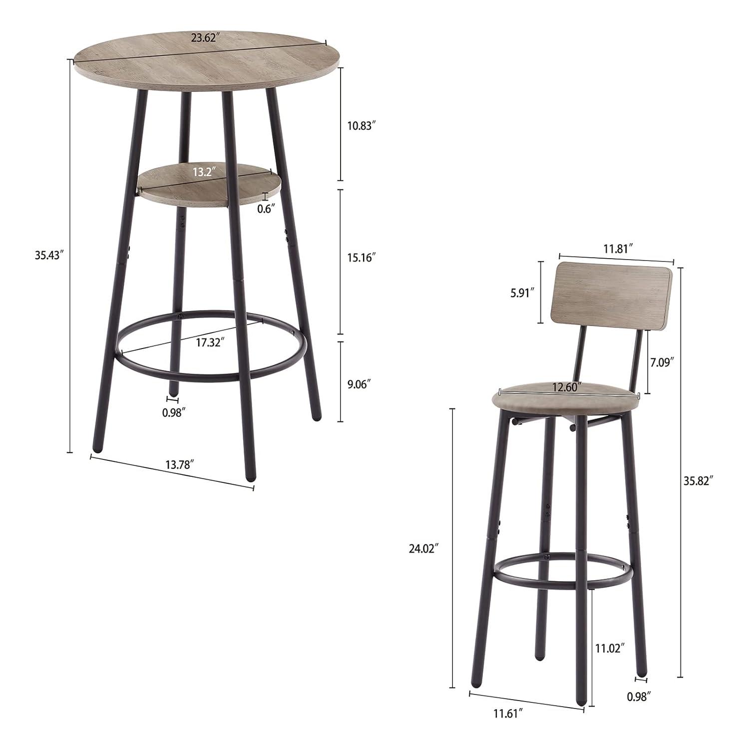 Kitchen Bar Table Set, 3-Piece Bar Table Set for Kitchen, Round Dining Room Set with 2 Upholstered Chairs, Gray Table and Chairs Dining Set for Pub Bistro Restaurant