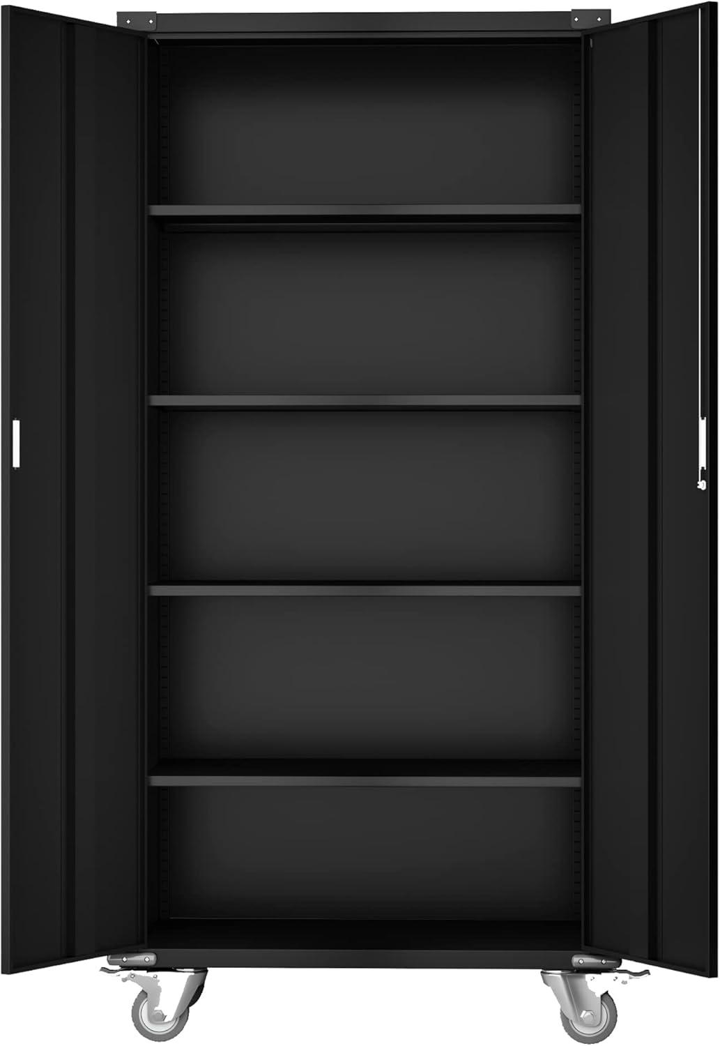 Aobabo Metal Garage Storage Cabinet on Wheels,Steel Garage Cabinets with 2 Doors and 4 Adjustable Shelves,Locking Storage Cabinet,Black,Assembly Required