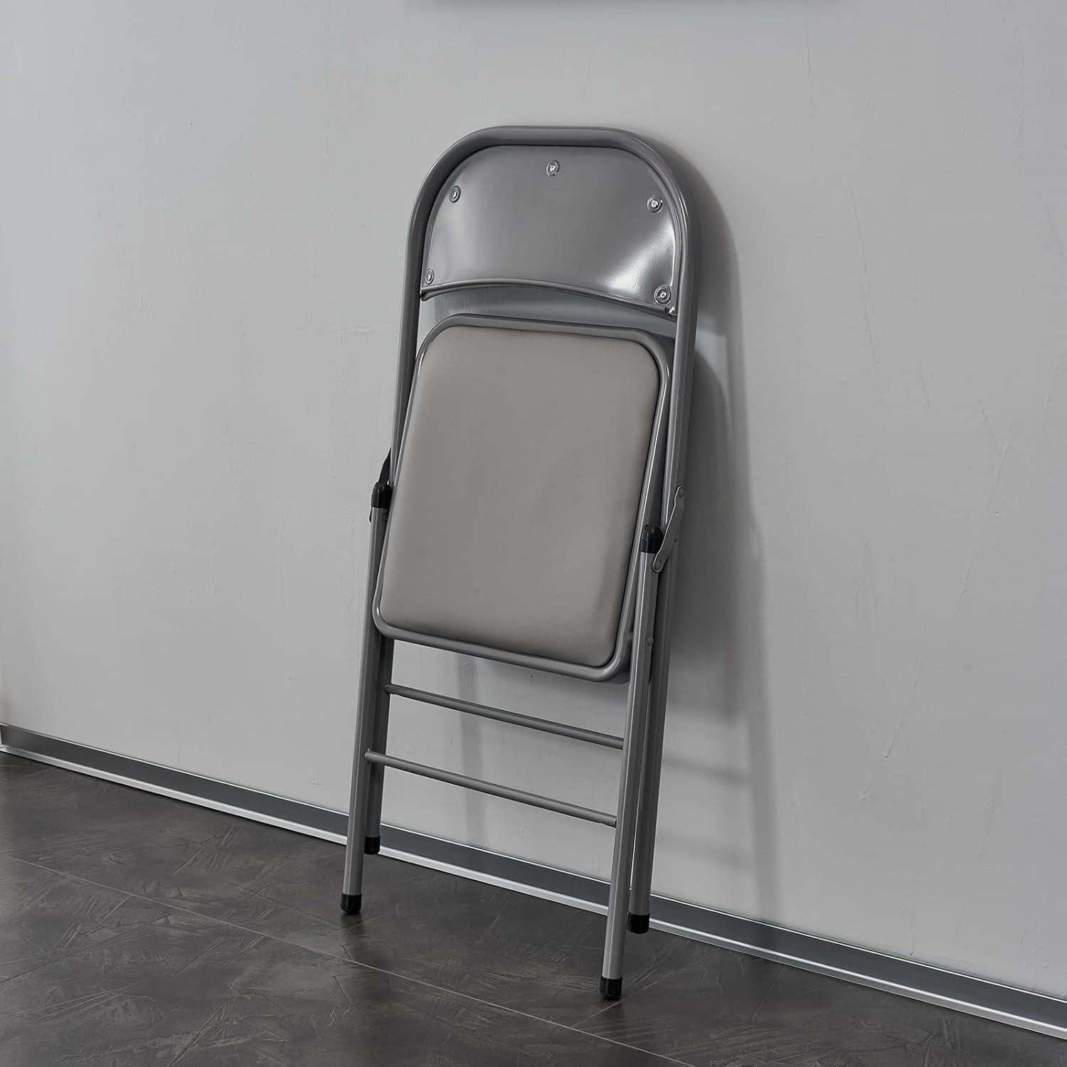 Folding Chairs with Padded Cushion and Back, 4pcs Potable Iron & PVC Durable Chairs for Indoor and Outdoor, School, Office and Garden Party, Gray