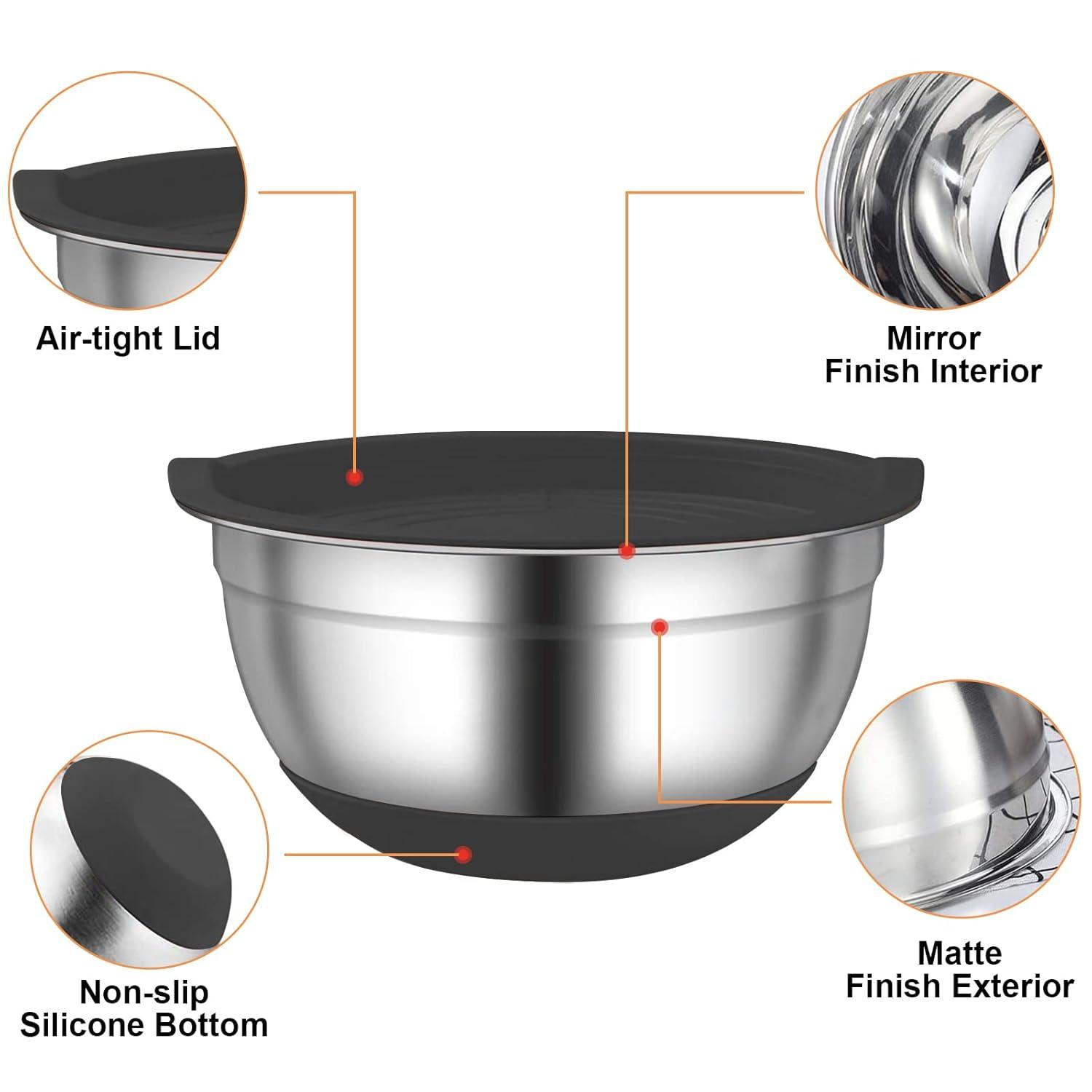 6-Piece Black Stainless Steel Mixing Bowl Set with Lids and Graters