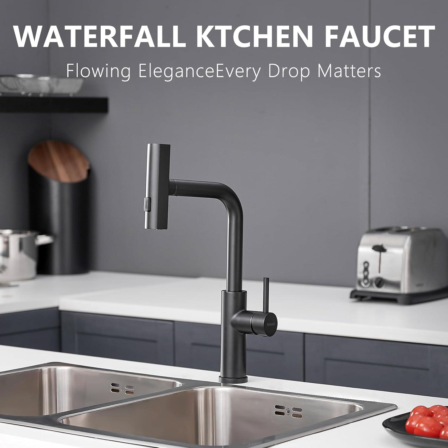 Waterfall Kitchen Faucet,Matte Black Kitchen Faucet with Pull Down Sprayer,Faucets for Kitchen Sink,Single Handle Kitchen Faucet Stainless Steel,Pull Out Sprayer Kitchen Faucets