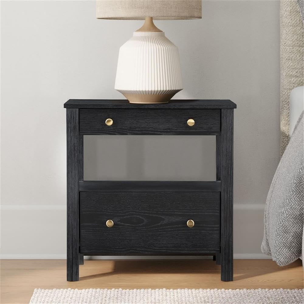 Comfort Pointe Delano Nightstand Black: 2 Drawers, Oak Veneer, Metal Glides, No Assembly Required