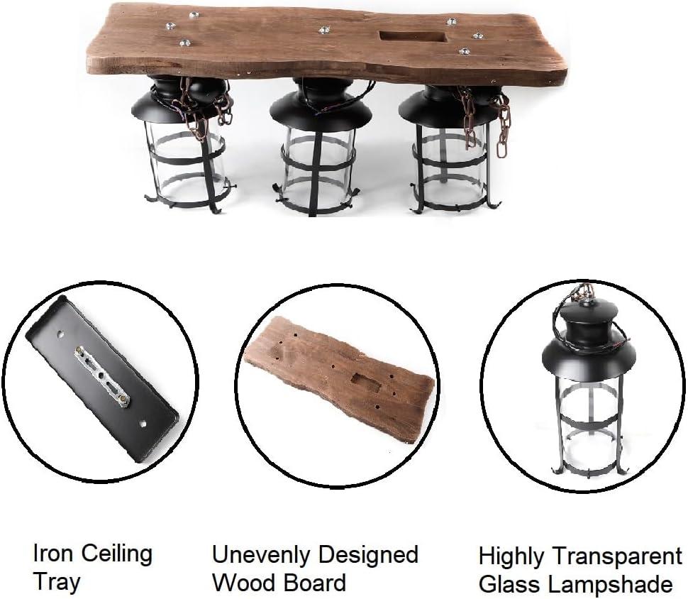 3-Light Rustic Kitchen Island Pendant Lamp Farmhouse Wood Iron Chandelier Industrial Ceiling Hanging Light with Glass Lampshade for Dining Living Room Restaurant Cafe Bar 39.4 x 27 in E26/E27 Base