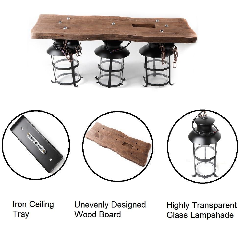 3-Light Rustic Kitchen Island Pendant Lamp Farmhouse Wood Iron Chandelier Industrial Ceiling Hanging Light with Glass Lampshade for Dining Living Room Restaurant Cafe Bar 39.4 x 27 in E26/E27 Base