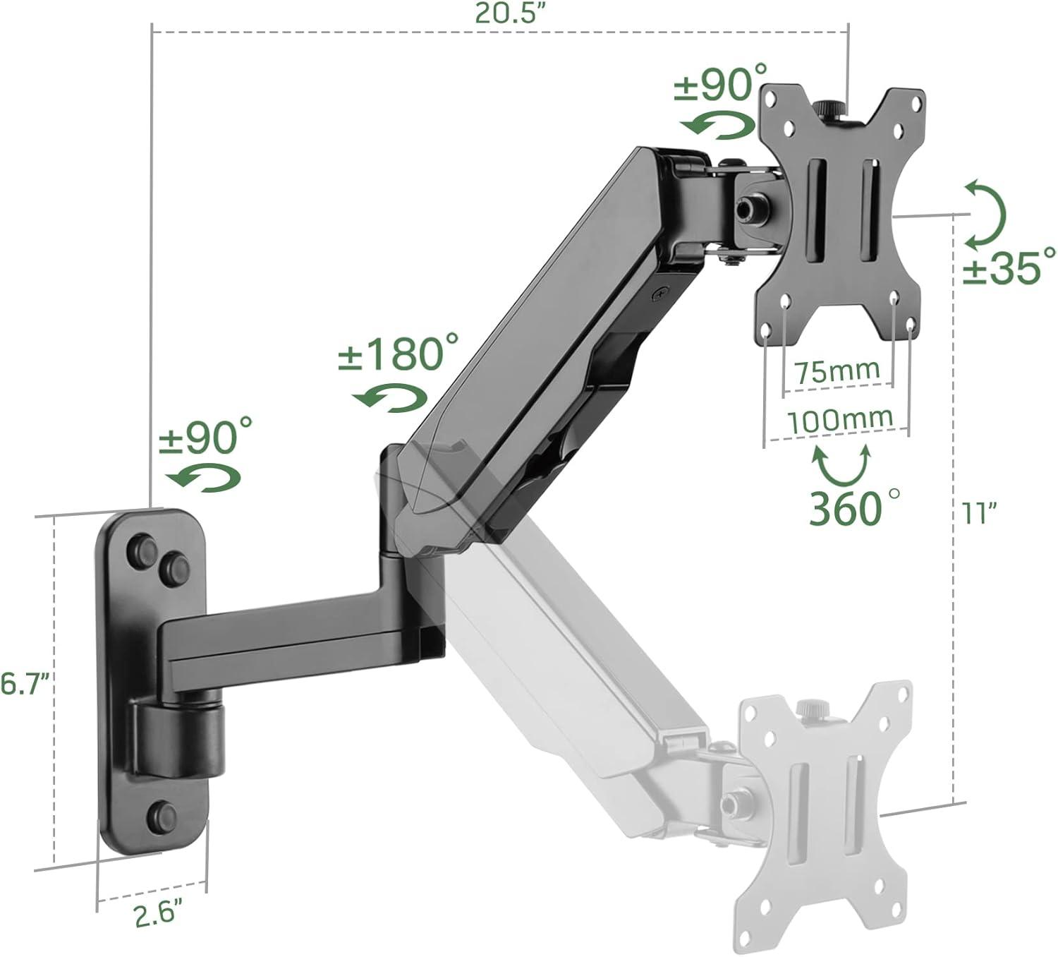 Black Adjustable Gas Spring Wall Mount Monitor Arm