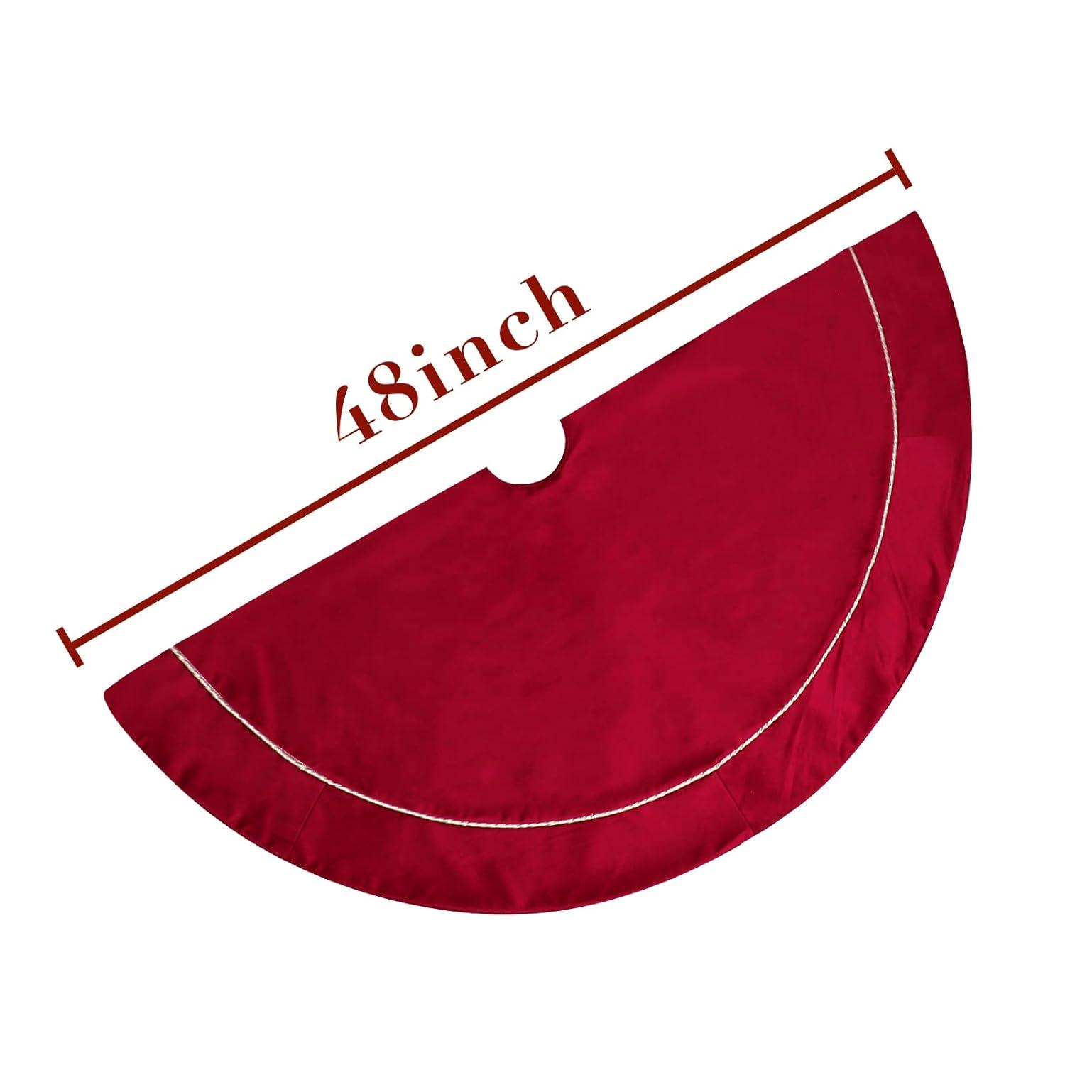 Christmas Tree Skirt, 48 inches Red Luxury Velvet Plush Fur Skirts with Gold Embroidered Holly Leaf for Rustic Xmas Tree Holiday Decorations