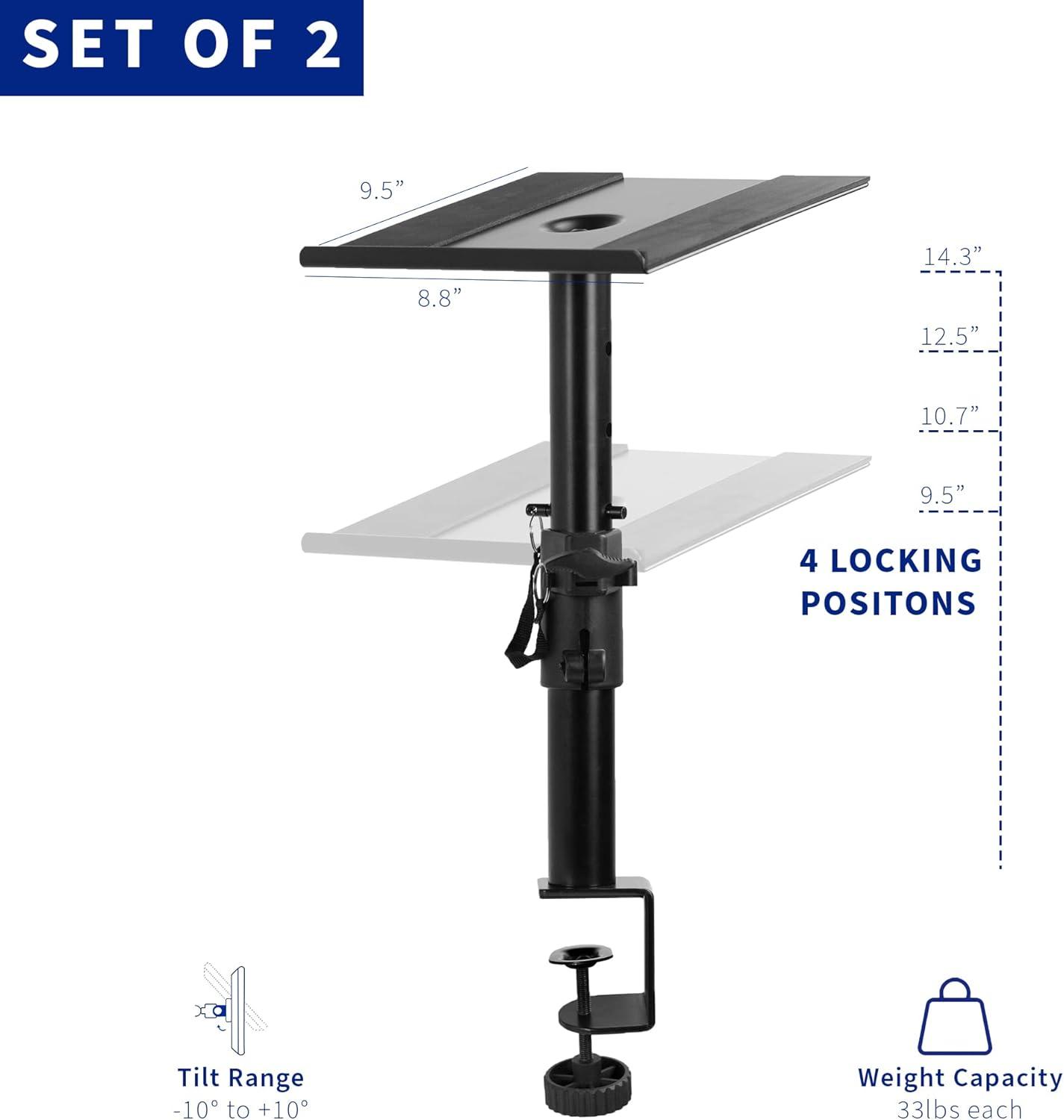 Black Adjustable Steel Clamp-on Desk Speaker Stands, 2 Pack